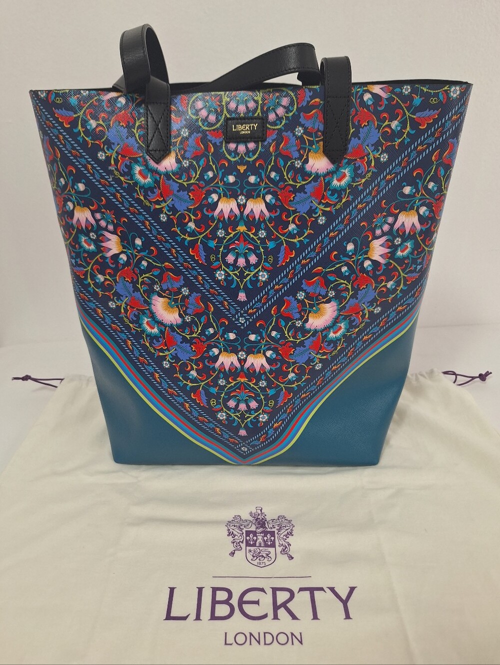 NWT Liberty of London Navy Floral Scarf-Print Tote with Teal Base